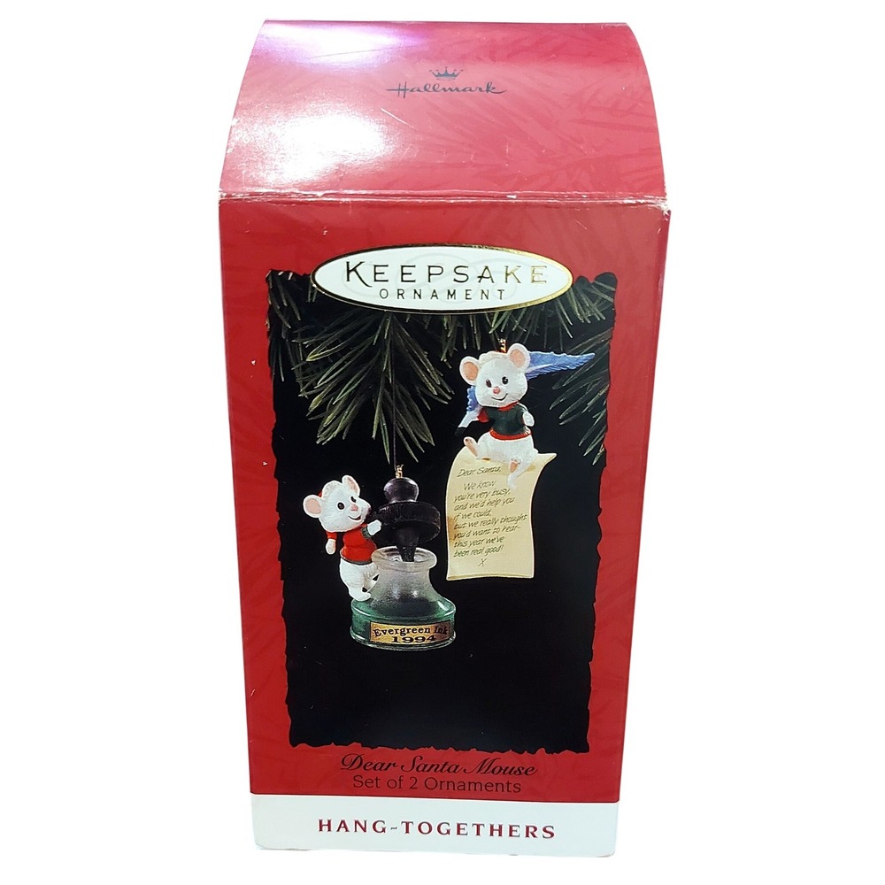 Vintage Hallmark Keepsake 1994 Dear Santa Mouse Set of 2 Ornaments Hang-Together